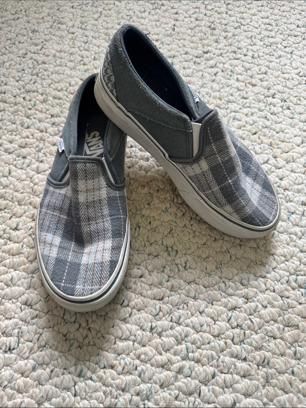 Vans Slip-On Plaid Sneakers in Gray and Cream